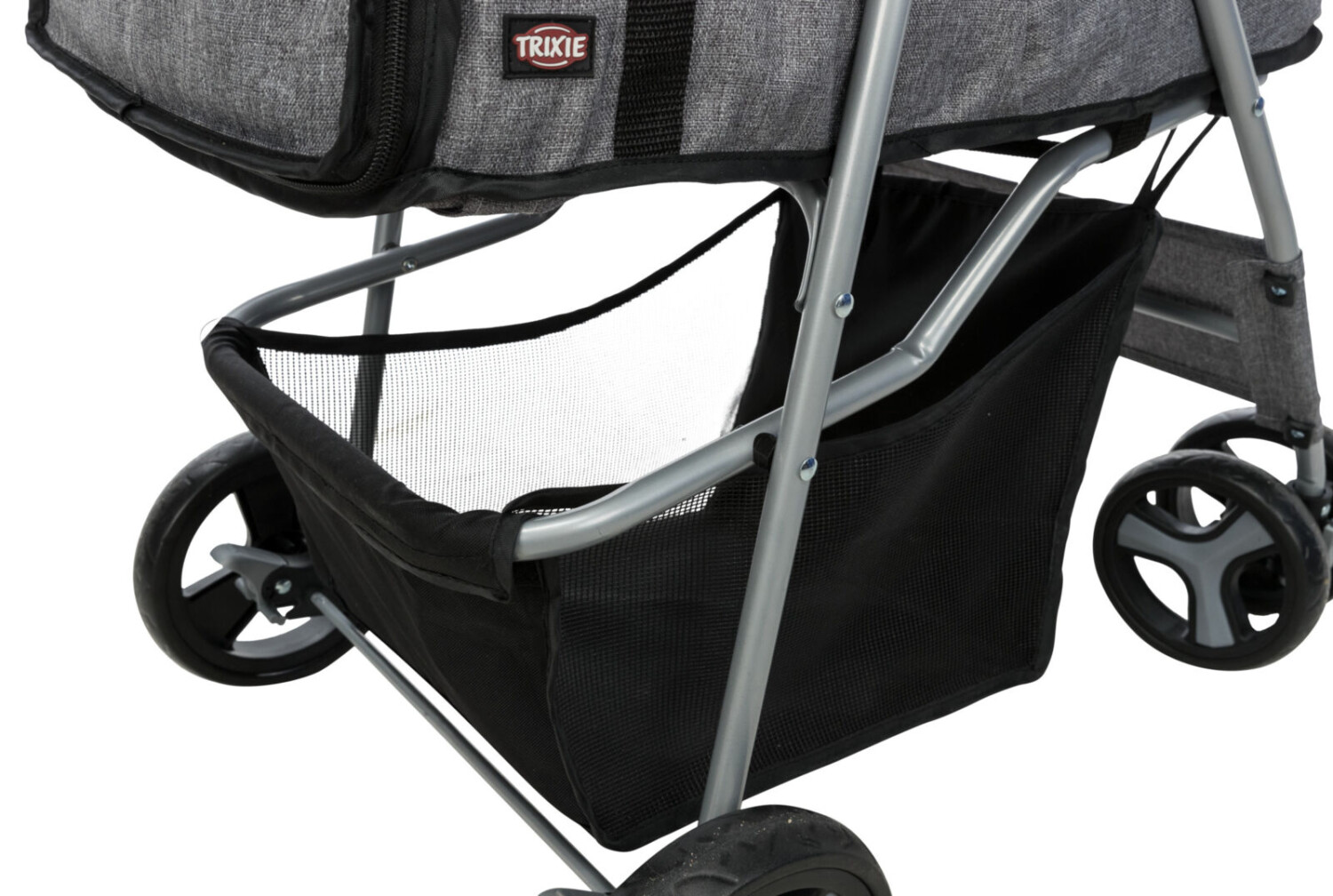Dog Pram under seat storage basket close up.