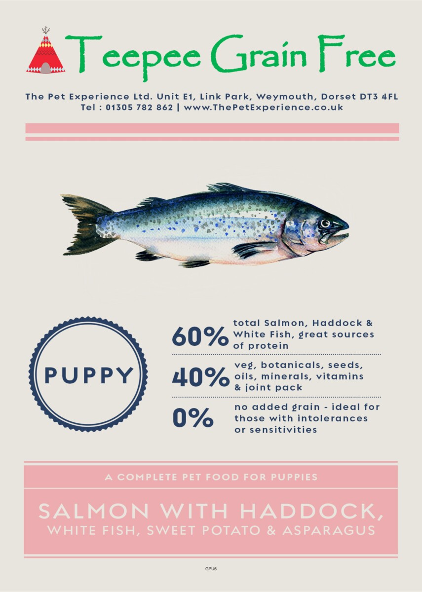 GPU label for dry puppy food with fish