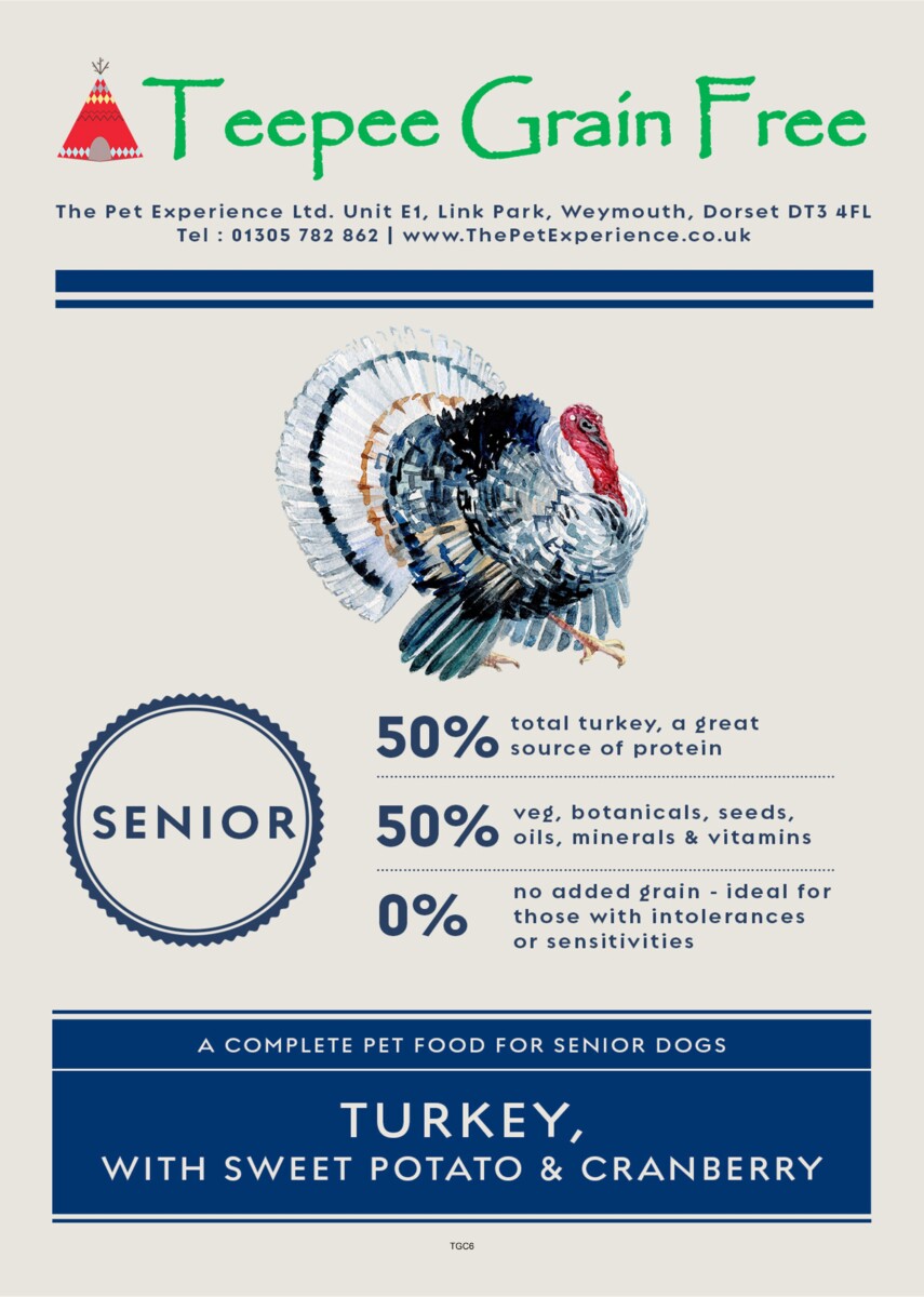 Senior dog food with turkey label