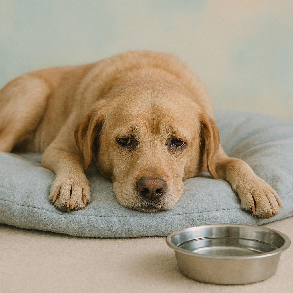 Dog with upset tummy on bed looking sad