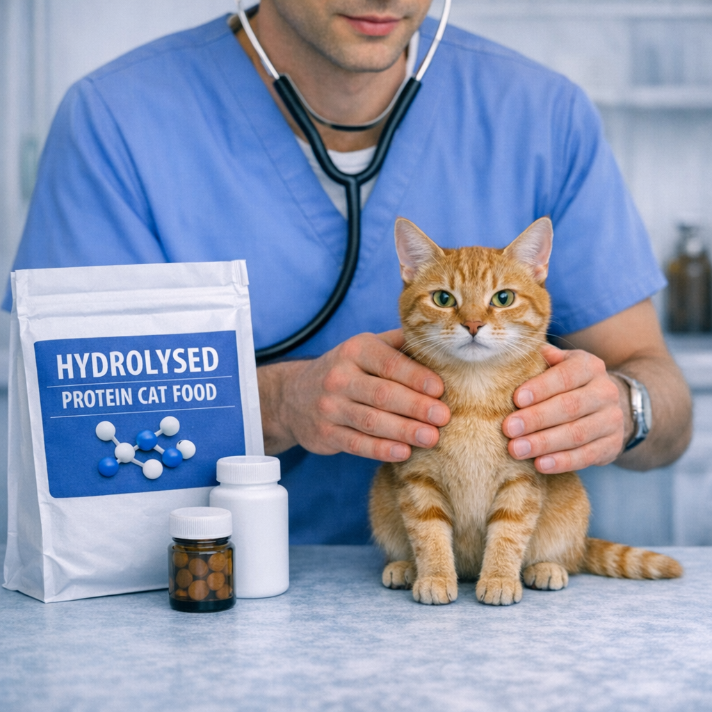 Vet treating a cat with hydrolysed protein diet