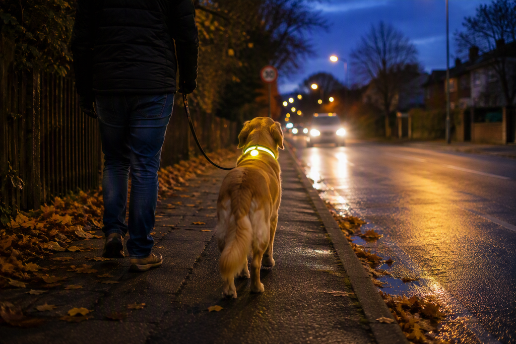 An Autumn evening and a dog being walked